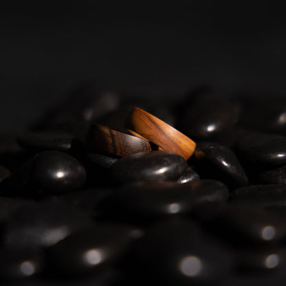 LinkRing Balance olive wood and sandalwood laid on top of each other on a pile of black pebbles