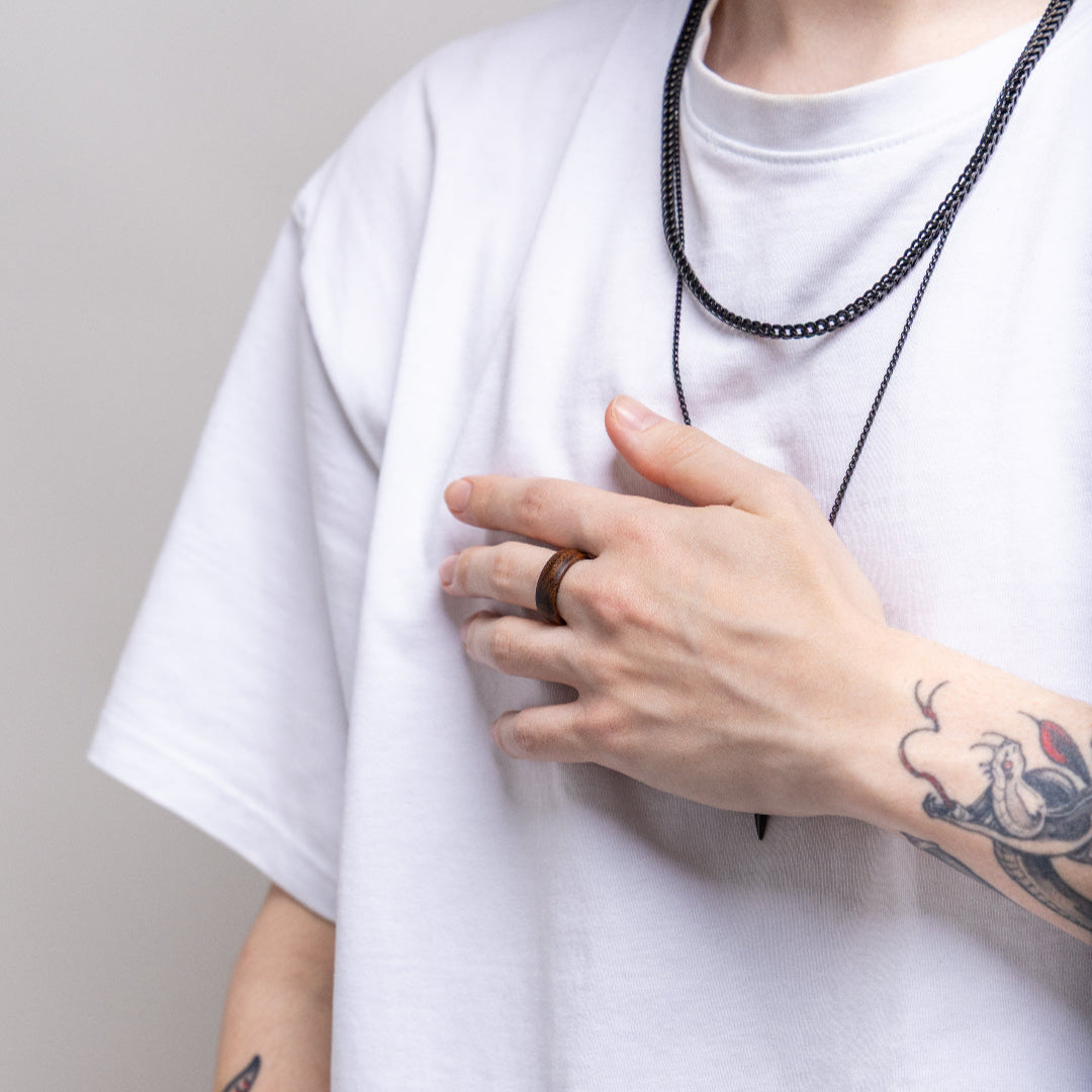 LinkRing Balance Sandalwood Lookbook photo, worn by a male model dressed in a white T shirt.