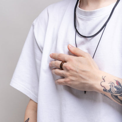 LinkRing Balance Sandalwood Lookbook photo, worn by a male model dressed in a white T shirt.